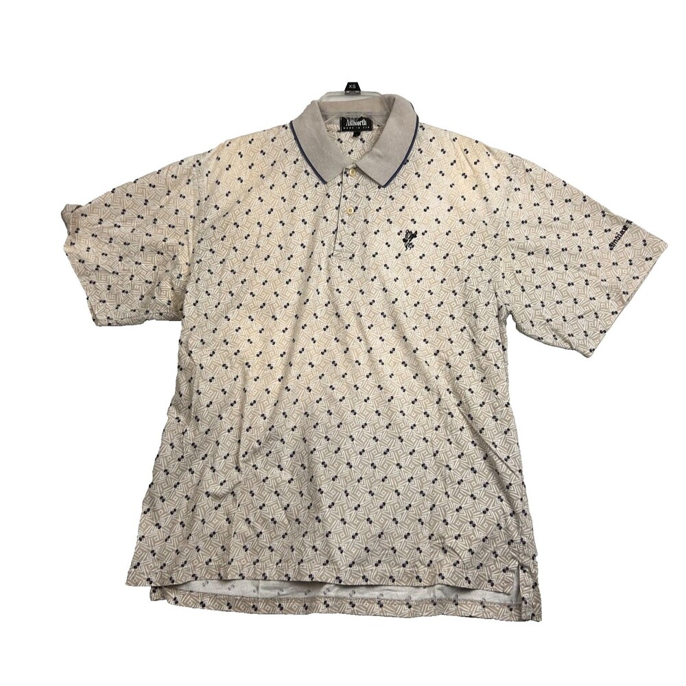 Vtg Ashworth Indian Wells Golf Polo Shirt Mens L Beige Geometric USA Cotton